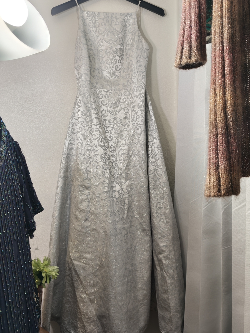 Vintage Silver 90s Jacquard A-Line Evening Dress